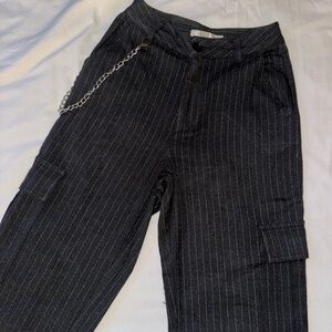 Black Pinstripe Cargo Pants with Chain